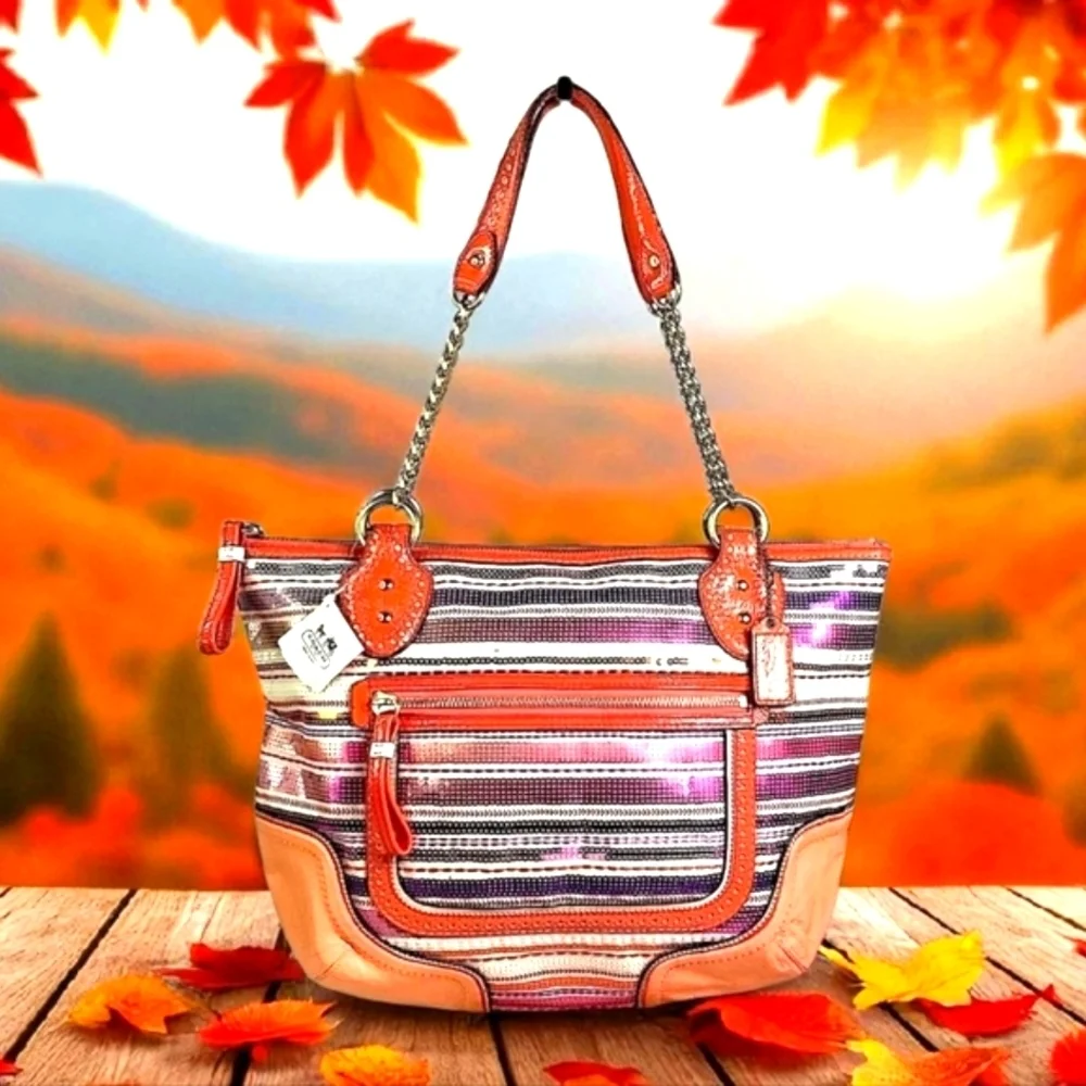 VINTAGE‎ COACH TOTE BAG #23843 POPPY SEQUINS PURSE MULTICOLOR PURPLE